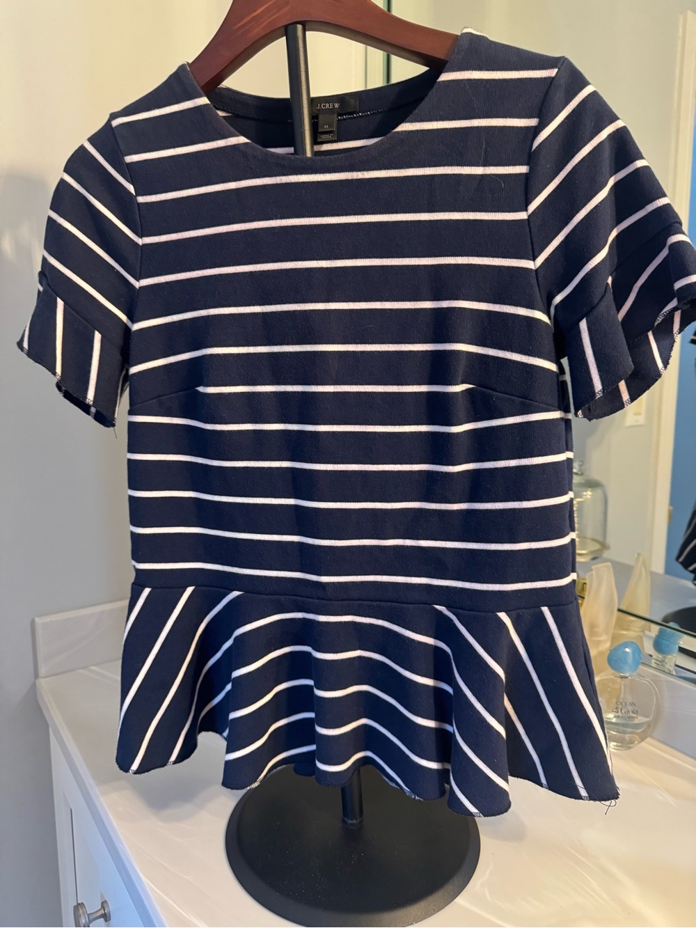 J. Crew Navy and White Striped Peplum Tee